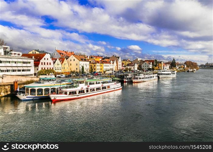 Beautiful towns of Germany - scenic Regensburg over Danube river famous for cruises. Landmarks of Bavaria. Germany travel - Bavaria, Regensburg town
