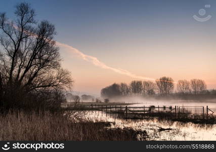 Beautiful tranquil landscape of lake in mist