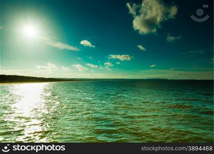 Beautiful tranquil landscape. View of blue sky with clouds at sea or ocean water. Resort.