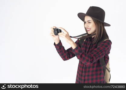 Beautiful traveller woman on white background