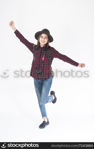 Beautiful traveller woman on white background