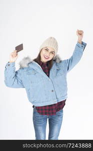 Beautiful traveller woman on white background