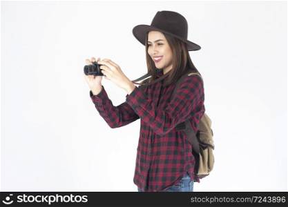 Beautiful traveller woman on white background