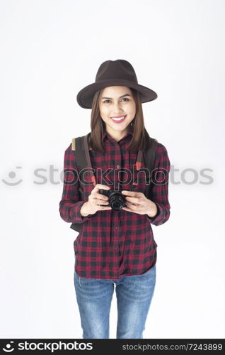 Beautiful traveller woman on white background