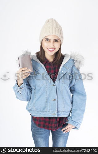 Beautiful traveller woman on white background