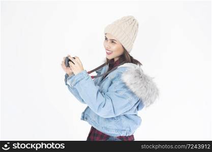 Beautiful traveller woman on white background