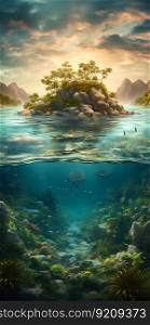 Beautiful Tropical Island with Large Palm Trees Above the Water, Tidepool and Coral Reef Underwater. Generative ai. High quality illustration. Beautiful Tropical Island with Large Palm Trees Above the Water, Tidepool and Coral Reef Underwater. Generative ai