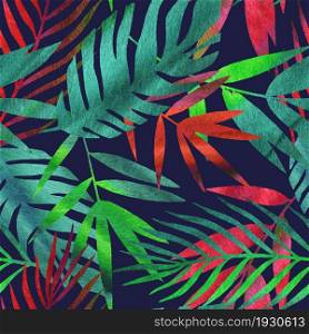 Beautiful tropical leaves. Seamless colorful pattern. Watercolor illustration. Design for fabric, wallpaper.