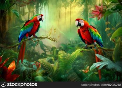 Beautiful tropical parrots. Wildlife birds. Generate Ai. Beautiful tropical parrots. Generate Ai