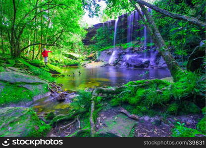 beautiful tropical rainforest waterfall in deep forest, Phu Kradueng National Park, Thailand