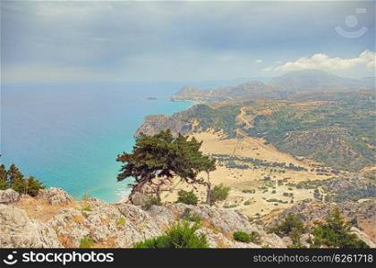 Beautiful Tsambika viewpoint landscape from mountain .Rhodes. Greece. HDR photo