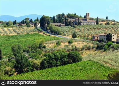 Beautiful Tuscany summer countryside landscape from San Gimignano town walls. Typical for the Italy region Toscana farm houses, hills, wheat field, olives garden, vineyards, cypress passes.