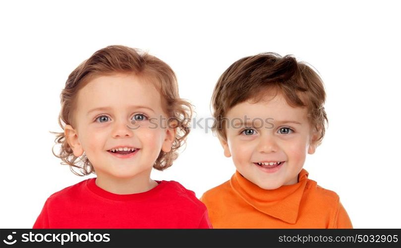 Beautiful twins laughing isolated on a white background