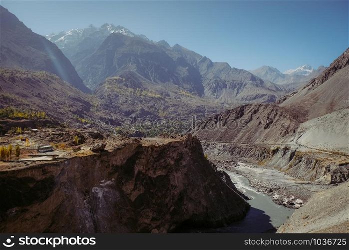 Beautiful valley in Karakoram mountain range along the Karakoram highway. Landscape mountainous scenery in Gilgit Baltistan, northern Pakistan.