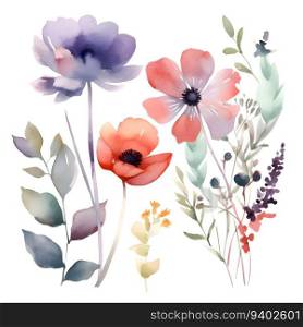 Beautiful vector card with watercolor anemones. Handmade.