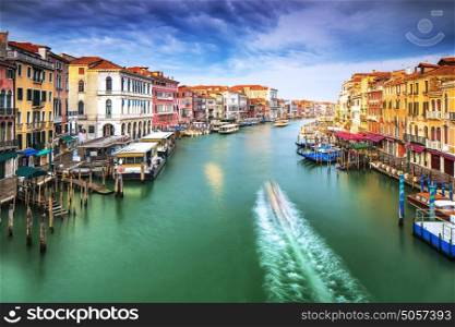 Beautiful Venice city on sunny day, wonderful water channel between gorgeous colorful old buildings, amazing Italy