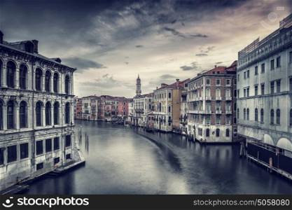 Beautiful Venice cityscape, vintage style photo of a gorgeous water canal, traditional Venetian street, romantic vacation to Italy, fine art photo