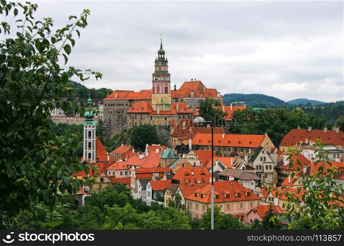 Beautiful view at the Castle Tower of the old bohemian little town Czech Krumlov (Cesky Krumlov), Czech Republic