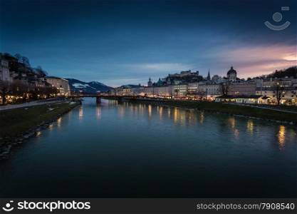 Beautiful view from bridge on sunset over Salzburg, Austria