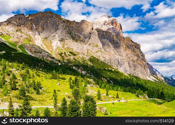 Beautiful view in summer sunny day of the Dolomites Mountain at Falzarego Pass in Cortina D'Ampezzo Italy