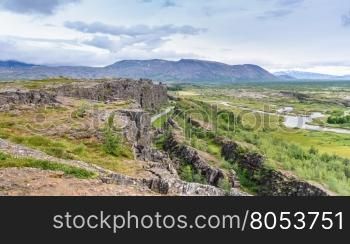 Beautiful view in Thingvellir National Park, Southern Iceland, selective focus