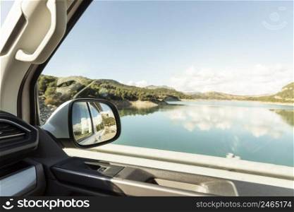 beautiful view nature lake from car