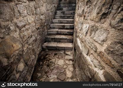 Beautiful view of ancient stone stairway at castle