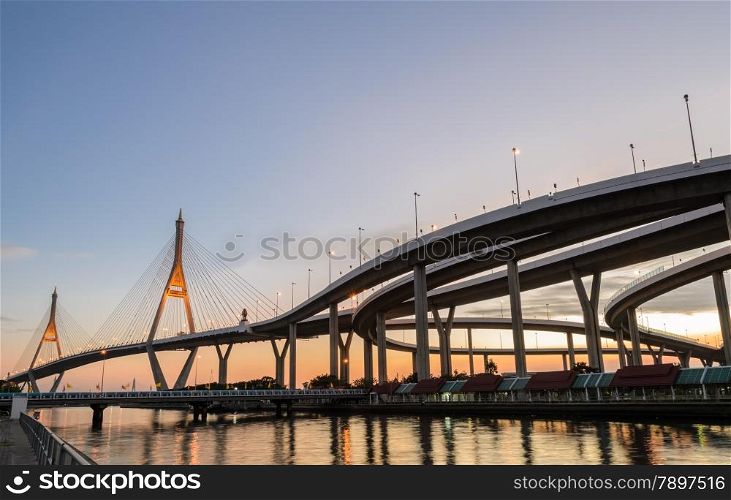 Beautiful view of Bhumibol Bridge at sunset in Bangkok, Thailand