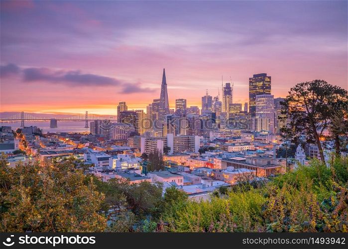 Beautiful view of business center in downtown San Francisco in USA at twilight