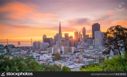 Beautiful view of business center in downtown San Francisco in USA at twilight