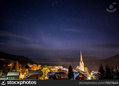 Beautiful view of clean night starry sky over highland Austrian town