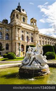 Beautiful view of famous Naturhistorisches Museum (Natural History Museum) with park and sculpture in Vienna, Austria. Art History Museum in Vienna Austria