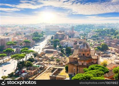 Beautiful view of Forum, Capitoline Hill, Coliseum, Rome Italy. Aerial view of Forum, Capitoline Hill, Coliseum, Rome, Italy