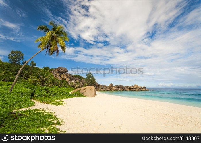 Beautiful view of Grand Anze beach in La Digue Island, Seychelles