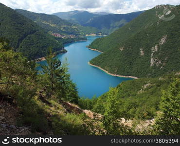 Beautiful view of high blue mountain lake