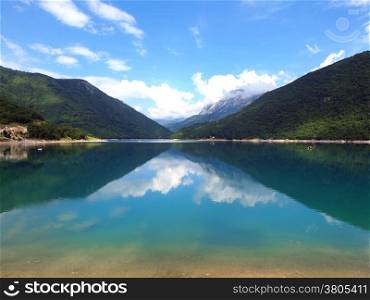 Beautiful view of high blue mountain lake