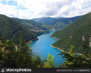 Beautiful view of high blue mountain lake