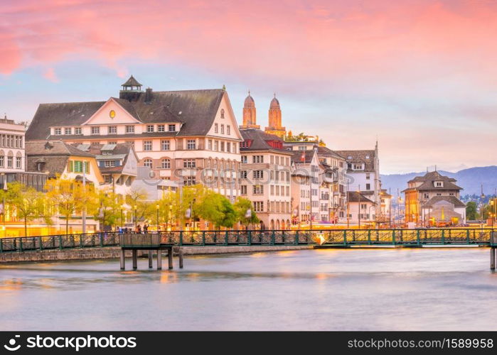 Beautiful view of historic city center of Zurich at sunset in Switzerland