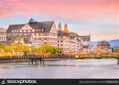 Beautiful view of historic city center of Zurich at sunset in Switzerland