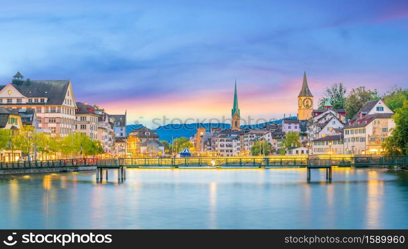 Beautiful view of historic city center of Zurich at sunset in Switzerland