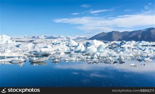 Beautiful view of icebergs in Jokulsarlon glacier lagoon, Iceland, global warming concept
