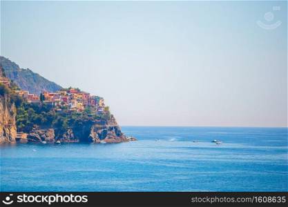 Beautiful view of Manarola from above. One of five famous colorful villages of Cinque Terre National Park in Italy. Stunning view of the beautiful and cozy village of Corniglia in the Cinque Terre Reserve