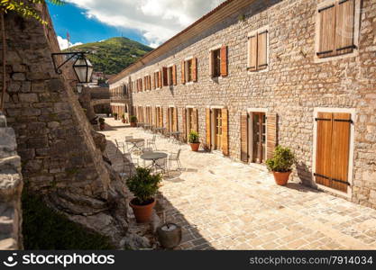 Beautiful view of narrow street at old city of Budva, Montenegro