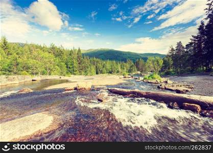 Beautiful view of norwegian mountain river in summer.. Beautiful view of mountain river in summer