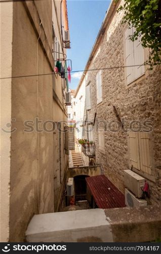 Beautiful view of old narrow street at city of Budva, Montenegro