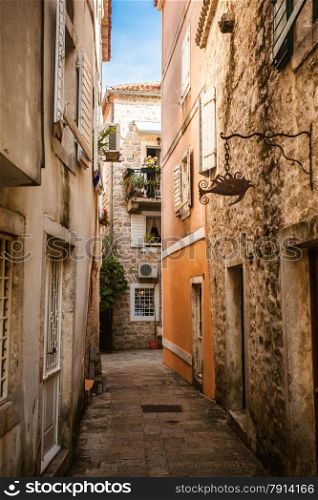 Beautiful view of old narrow street at sunny day