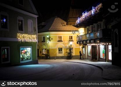 Beautiful view of old narrow street in Austrian cite at night