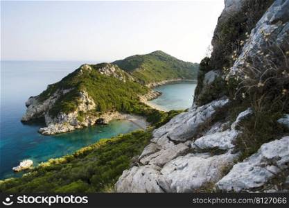 beautiful view of Porto Timoni Beach, Afionas.  Corfu Island in Greece 