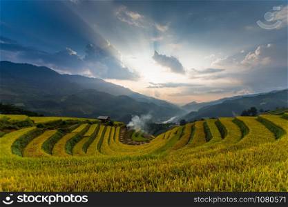 beautiful view of rice terrace (Doi Mong Ngua, diem chup lua view point) in Mu Cang Chai, Vietnam, farmer implant on high mountain. soft focus.