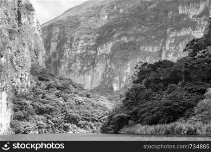 Beautiful view of river in Sumidero Canyon Chiapas, Mexico in stunning black and white